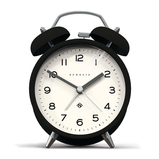 Newgate alarm clock, matte black twin bells and round white dial with black hands