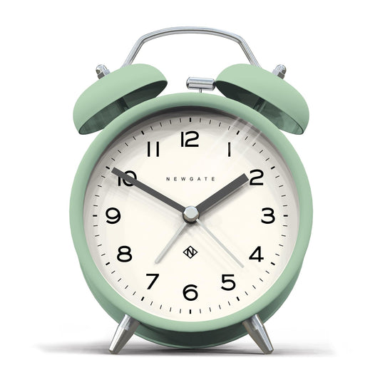 Mint matte alarm clock with twin bells and white dial, black hands and markers.