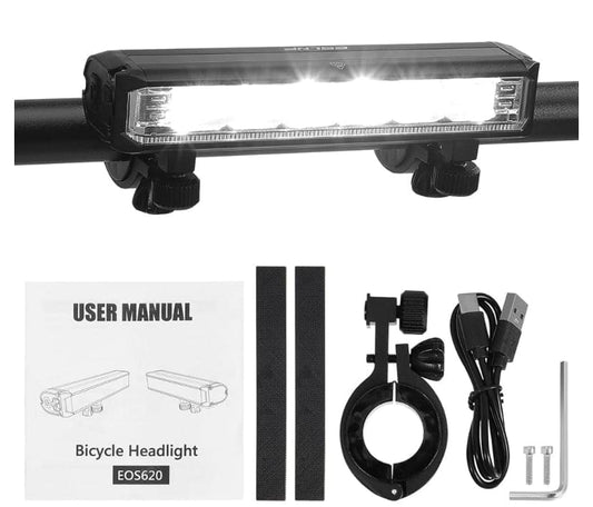 E-bike front LED headlight bar with mounting brackets and included accessories