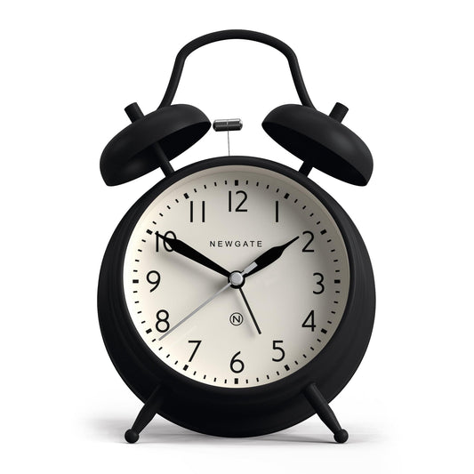 Matte black twin-bell alarm clock with white dial and black hands