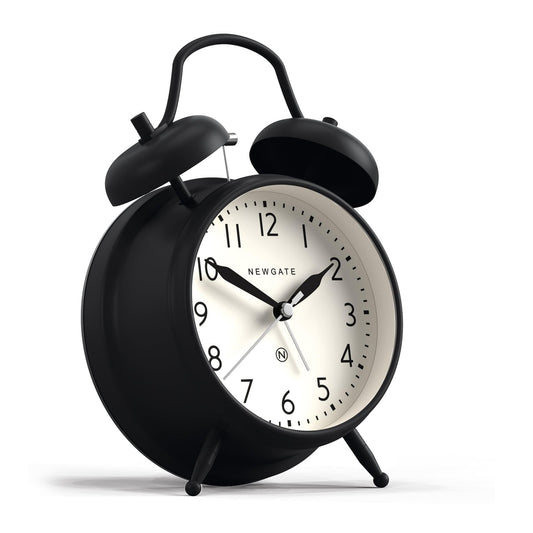Matte black twin-bell alarm clock, angled view, white dial