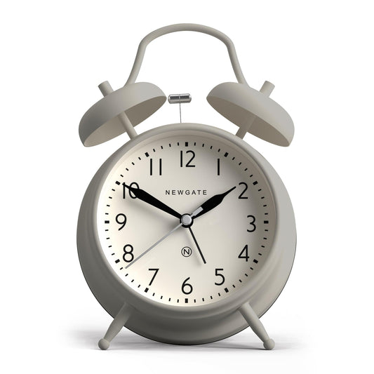 Grey twin-bell alarm clock with curved legs and round white face