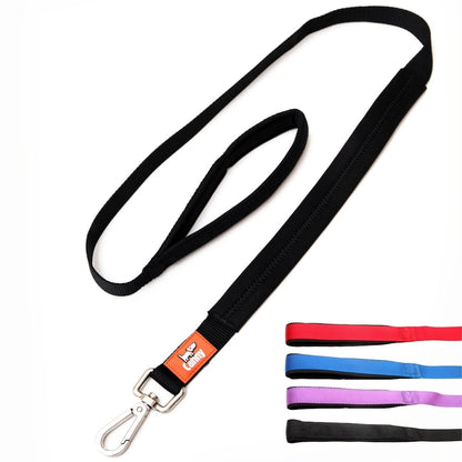 Leash with black webbing strap and orange label, metal snap clip end and loop handle