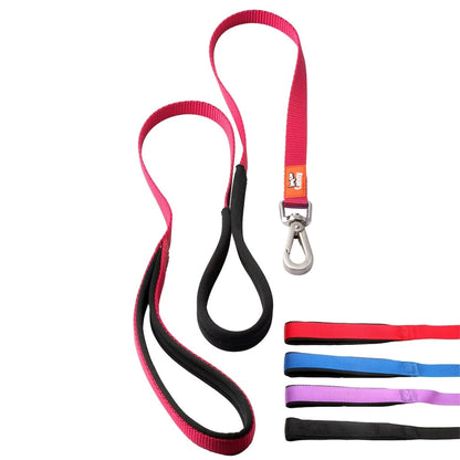 Dog lead set with red strap and black webbing, two loops with metal snap clips