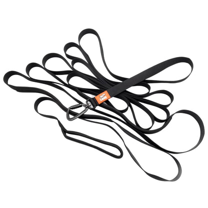 Black dog recall lead neatly looped with metal snap clips and orange brand label