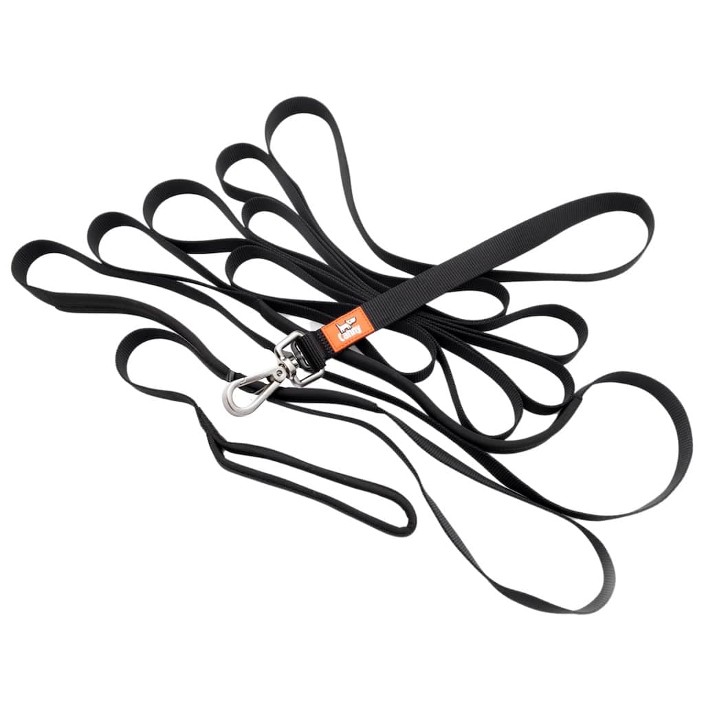 Looped black dog recall lead with two metal clips and orange brand label