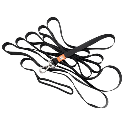 Looped black dog recall lead with two metal clips and orange brand label