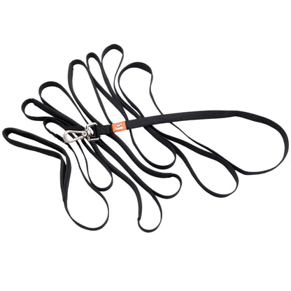 Looped black dog recall lead bundle with metal clips and orange brand label