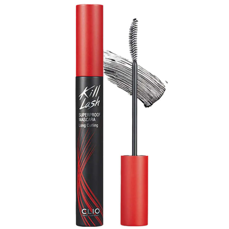 Long-curling superproof mascara in a red tube with black brush wand