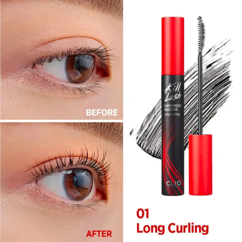 Before-and-after eye with long curled lashes and red-capped mascara tube