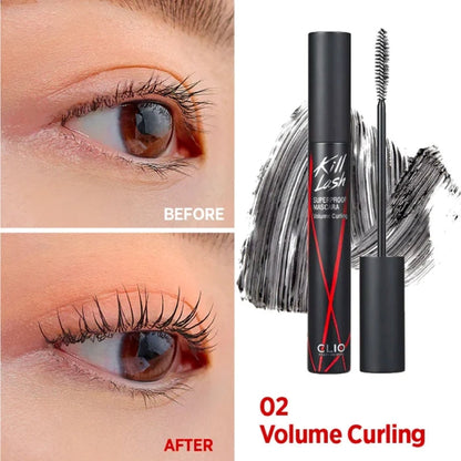 Volume-curing mascara on lashes with before-and-after split, black tube and wand