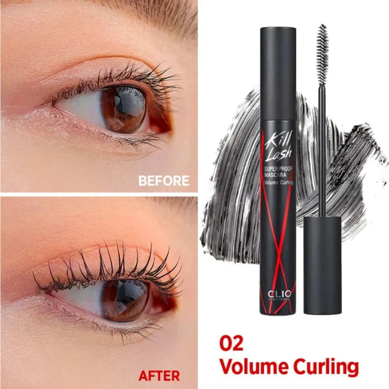 Volume-curing mascara on lashes with before-and-after split, black tube and wand