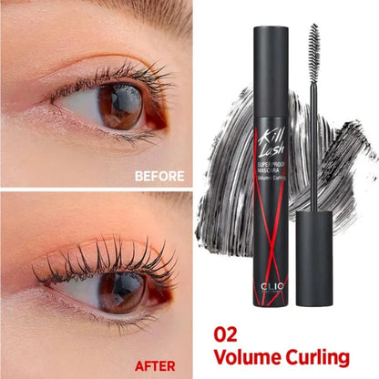 Volume-curing mascara on lashes with before-and-after split, black tube and wand