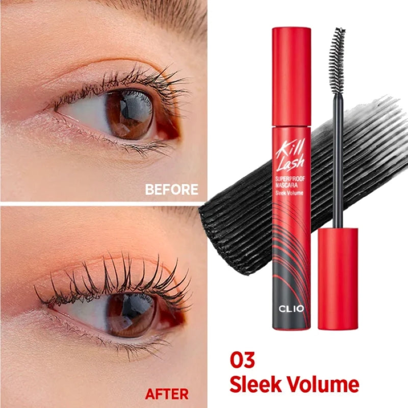 Sleek volume mascara on lashes with before-and-after split, red tube and brush