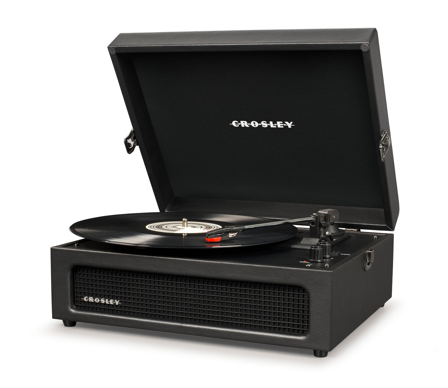 Crosley Voyager black portable turntable with open lid, platter, and tonearm on base
