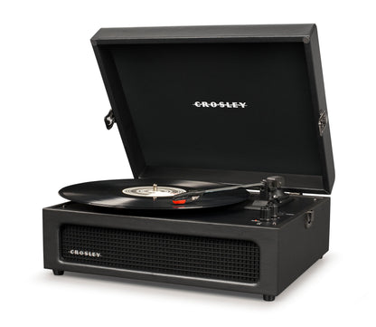 Crosley Voyager black portable turntable with open lid, platter, and tonearm on base