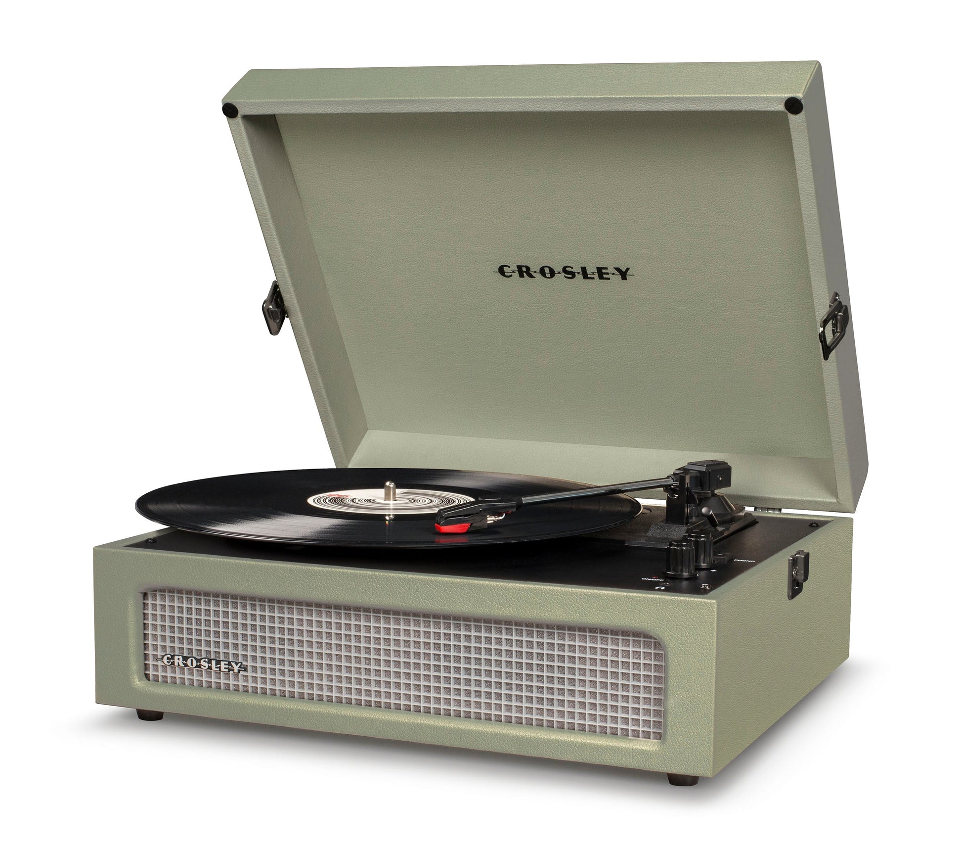 Sage portable Bluetooth turntable with open lid, record player and front grill, Crosley