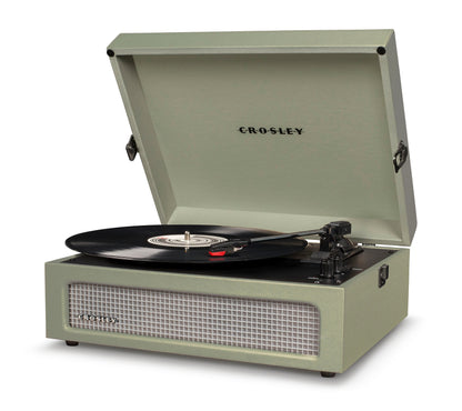 Sage portable Bluetooth turntable with open lid, record player and front grill, Crosley