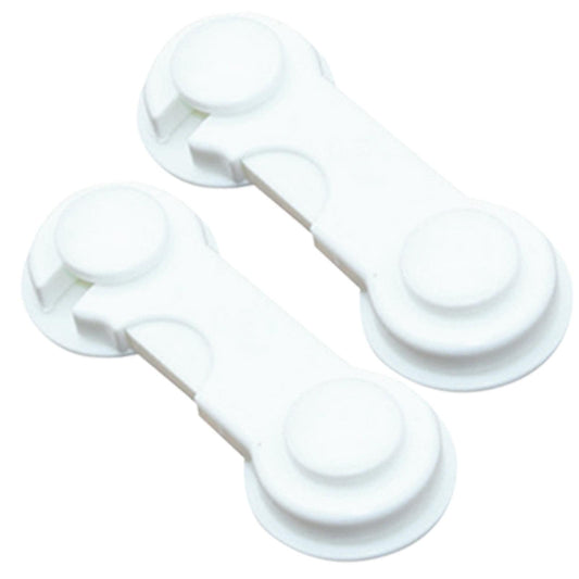 White plastic cabinet safety locks, two-piece latch set with adhesive backing.