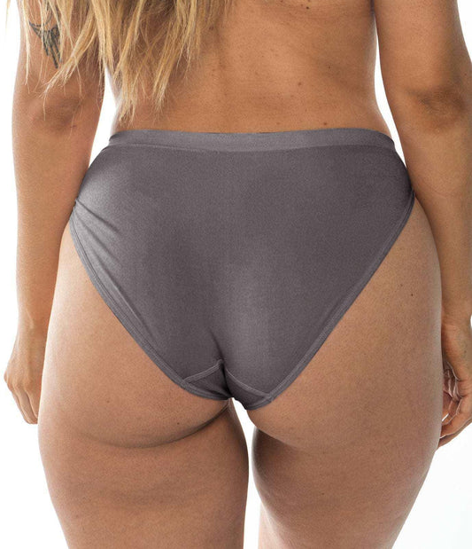 Women's slate gray bikini briefs, elastic waistband and moderate back coverage