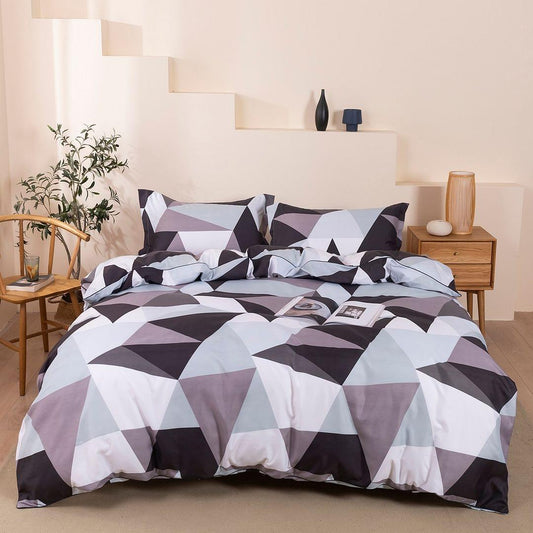Queen size duvet cover set with geometric triangle pattern in black, white, and gray.
