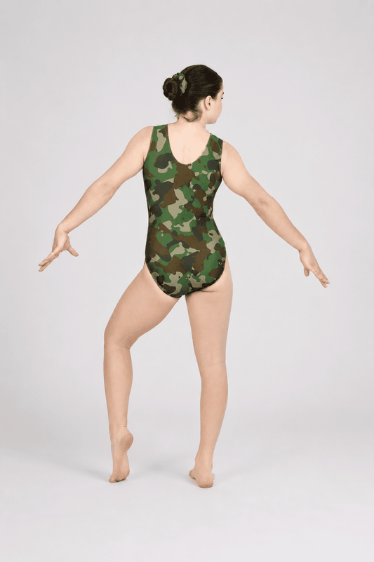 Green camo sleeveless leotard, open back detail, side view