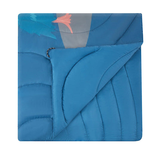 Blue padded wearable stadium blanket, folded with stitched edge and corner loops