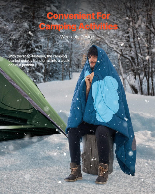 Wearable blue stadium blanket with hood and snap closure, draped on person outdoors