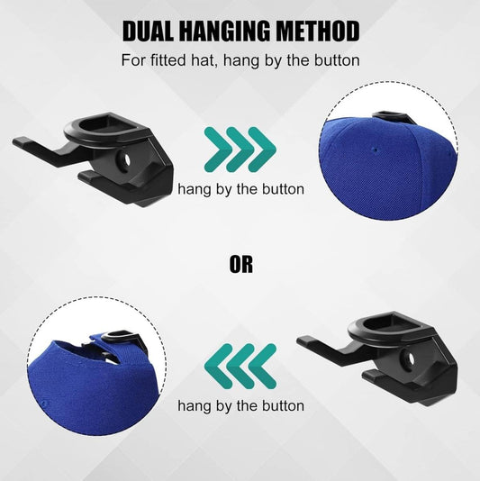 Cap hook set with black clips hanging a blue cap by its button