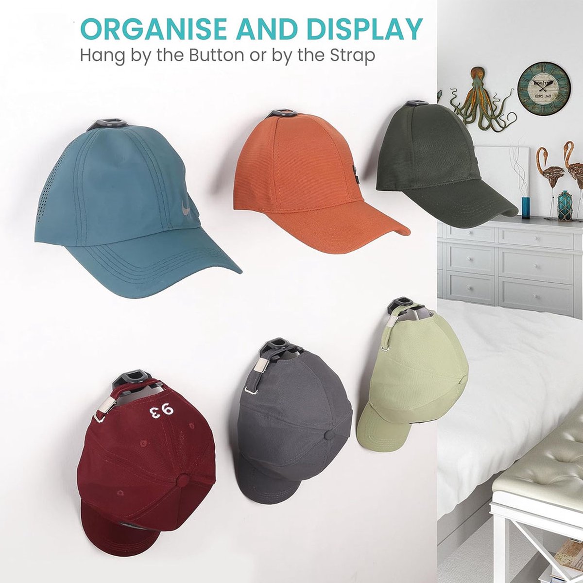 Cap Rack Set of 8 - Wall Cap Holders - Cap Hooks - With Screws and Tape - Two Installation Methods - Cap Rack Coat Rack - Cap Rack Storage System - Cap Storage Bag - Hat Holder - Cap Organizer - Double Suspension - Black