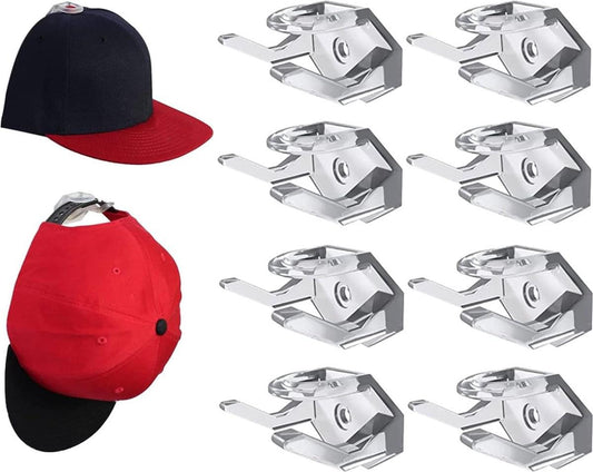 Set of 8 silver cap hooks with navy and red baseball caps, wall-mount brackets