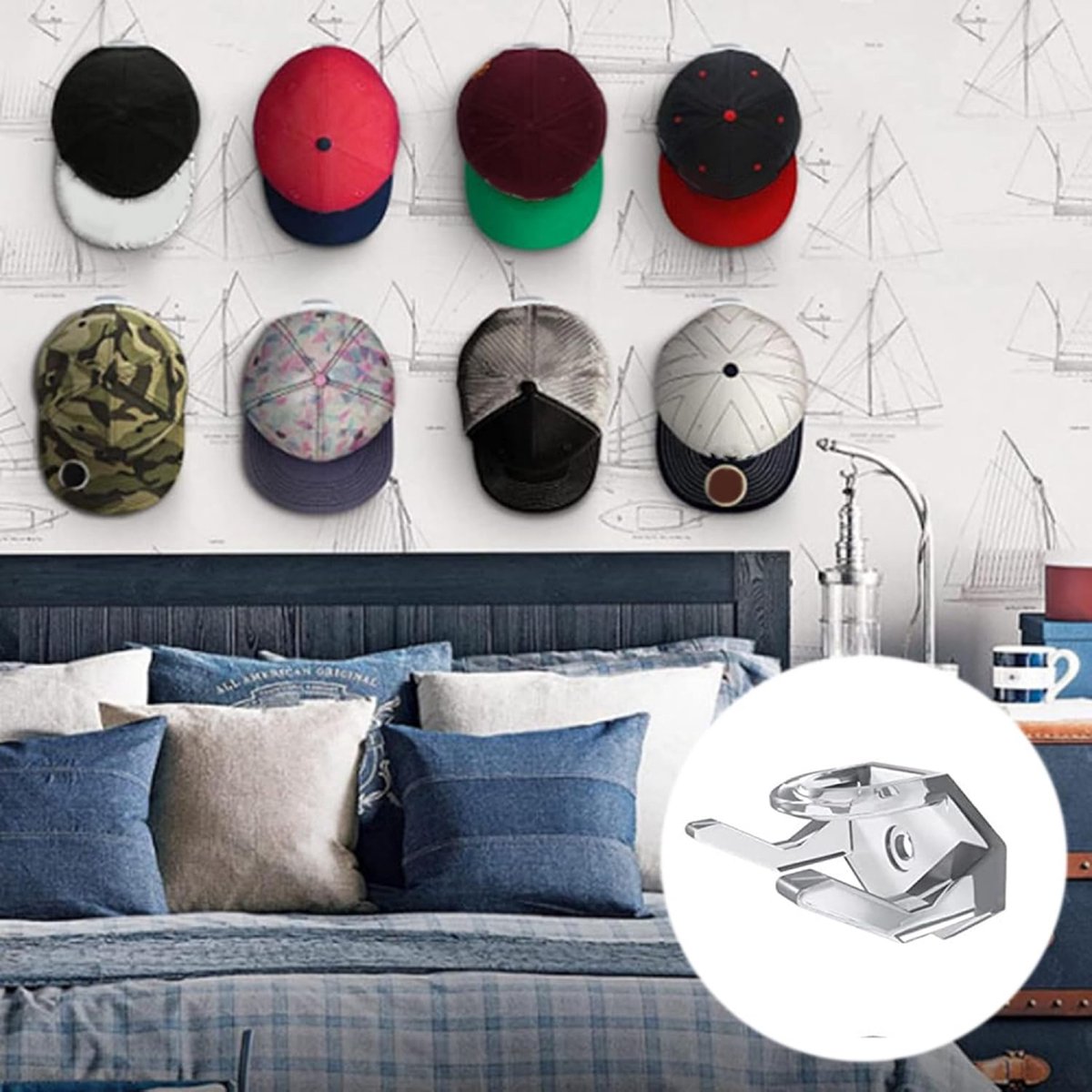 Cap Rack Set of 8 - Wall Cap Holders - Cap Hooks - With Screws and Tape - Two Installation Methods - Cap Rack Coat Rack - Cap Rack Storage System - Cap Storage Bag - Hat Holder - Cap Organizer - Double Suspension - Transparent