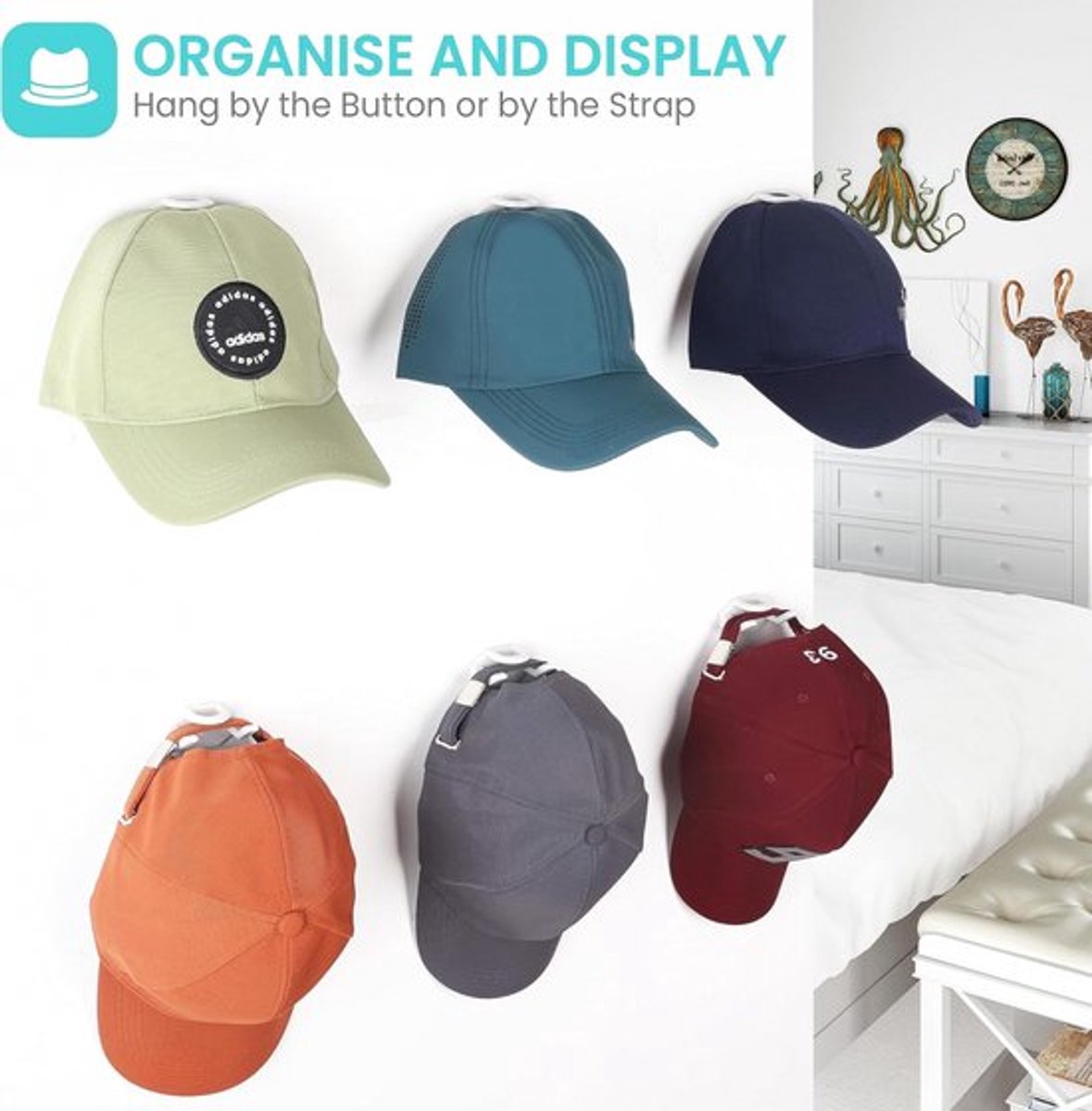 Cap Rack Set of 8 - Wall Cap Holders - Cap Hooks - With Screws and Tape - Two Installation Methods - Cap Rack Coat Rack - Cap Rack Storage System - Cap Storage Bag - Hat Holder - Cap Organizer - Double Suspension - White