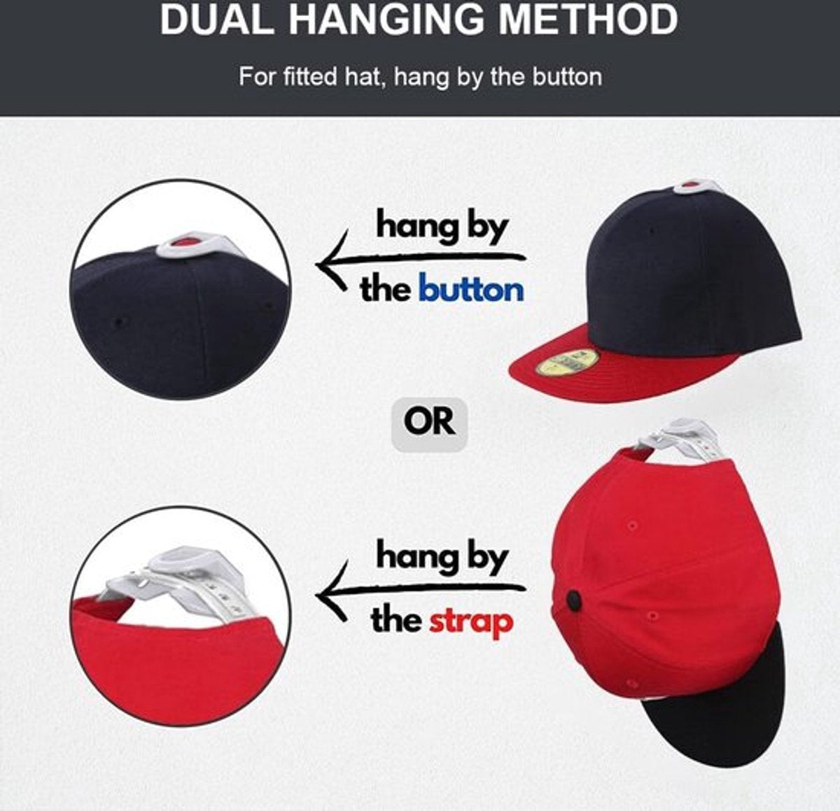 Cap Rack Set of 8 - Wall Cap Holders - Cap Hooks - With Screws and Tape - Two Installation Methods - Cap Rack Coat Rack - Cap Rack Storage System - Cap Storage Bag - Hat Holder - Cap Organizer - Double Suspension - White