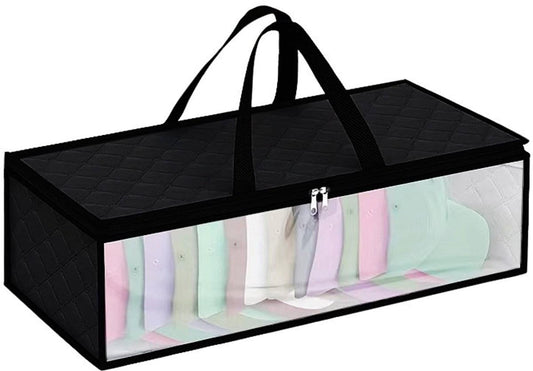 Black cap storage bag with clear window panel and two side handles