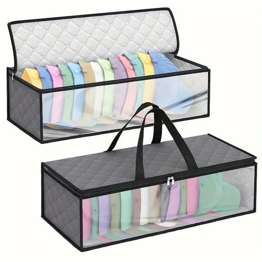 Gray cap storage bag set of 2 with clear window, black trim, and carry handles