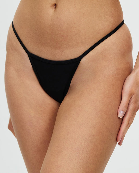 Black thong-style bikini bottom with narrow side straps