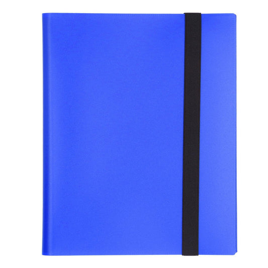 Blue card binder with black center strap, square closed cover