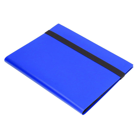 Blue card binder with black strap across the cover, closed and angled