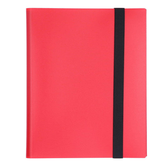 Red card binder cover with vertical black strap strip