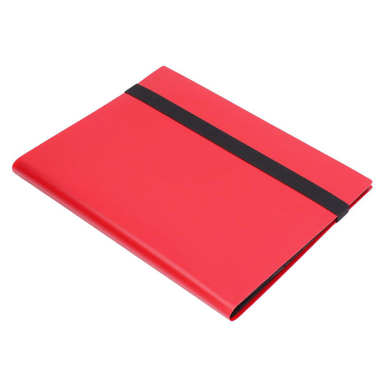Red card binder cover with black elastic band across the top