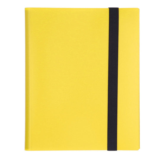 Yellow card binder with black center strap, closed cover
