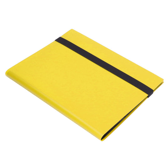 Yellow card binder with black strap across the cover, angled view