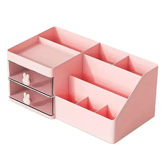 Pink desktop cosmetic storage box with two drawer compartments and divided organizer sections