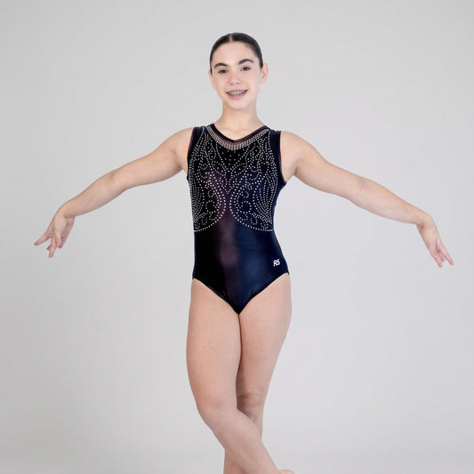 Black sleeveless leotard with high neckline and rhinestone chest pattern