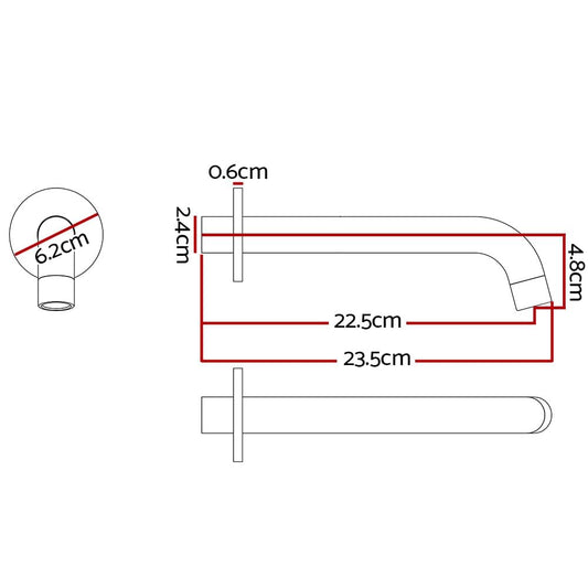Wall-mounted faucet spout dimensions diagram with L-shaped outlet and pipe