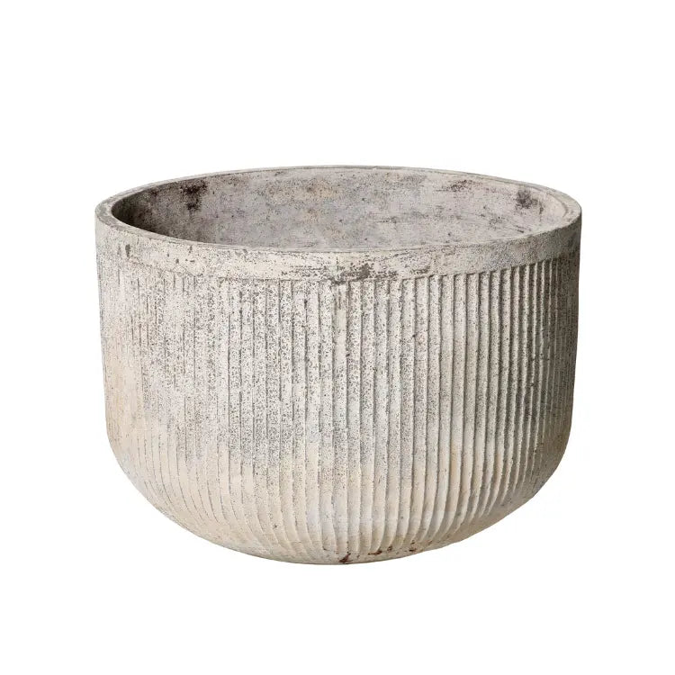 Chardonnay round concrete planter pot with vertical ribbed texture, light beige