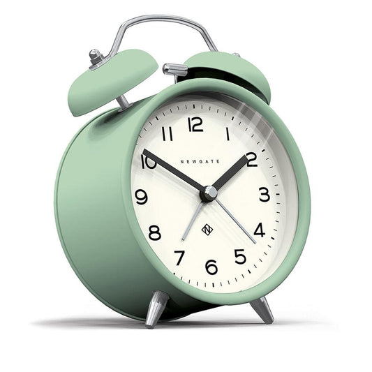 Neo mint twin-bell alarm clock with angled case and white face, black numbers.