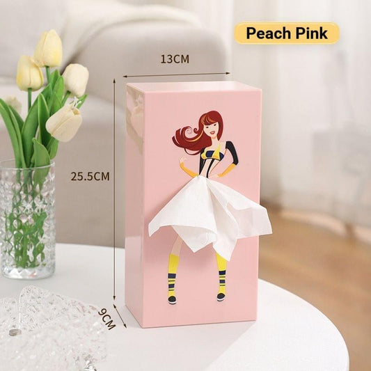 Peach pink princess tissue box holder with ballerina graphic, front view.