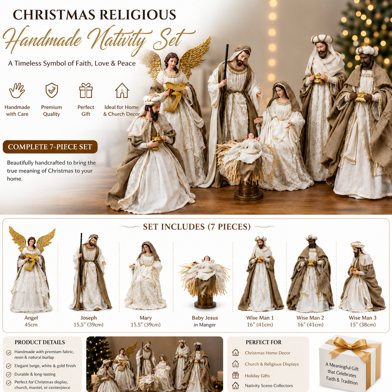⭐ Christmas Religious Handmade Nativity Set – Beige & White Holy Family (15.5"), Three Kings (16") & 45cm Angel, Christian Christmas Decor ⭐